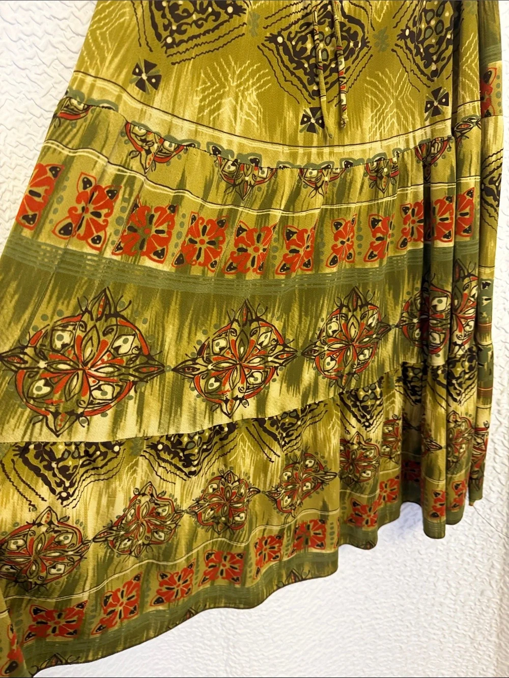 Julie’s Closet USA Olive Green Boho Tiered Midi Skirt Tribal Geometric Y2K L/XL
